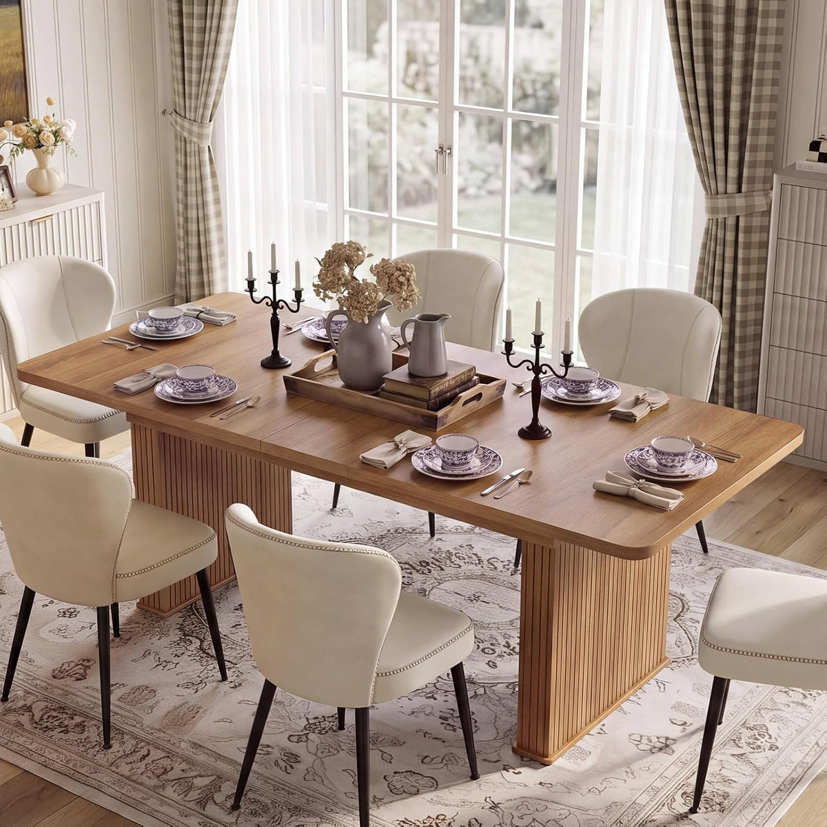 LEYAOYAO Extendable Dining Table for 4-6,63"–79" with Fluted Base(Brown)