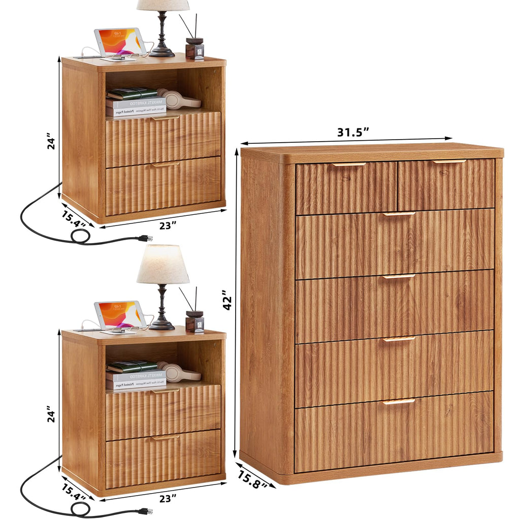 LEYAOYAO Fluted Dressers & Nightstand Set of 4, Wood 48" Wide Dresser & 42" Tall Chest of Drawers,Modern Bedroom Furniture Sets, Black Wooden Nightstand Set of 2 with 2 Drawers & Charging Station