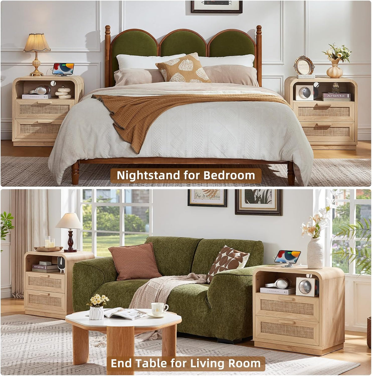 LEYAOYAO Rattan Nightstands Set of 2 with Charging Station, Natural