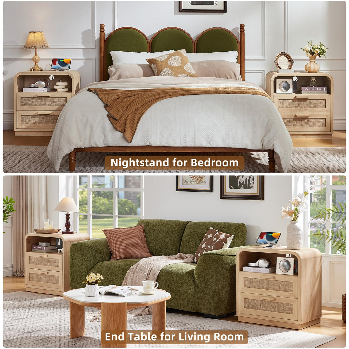 LEYAOYAO Rattan Nightstands Set of 2 with Charging Station, Natural