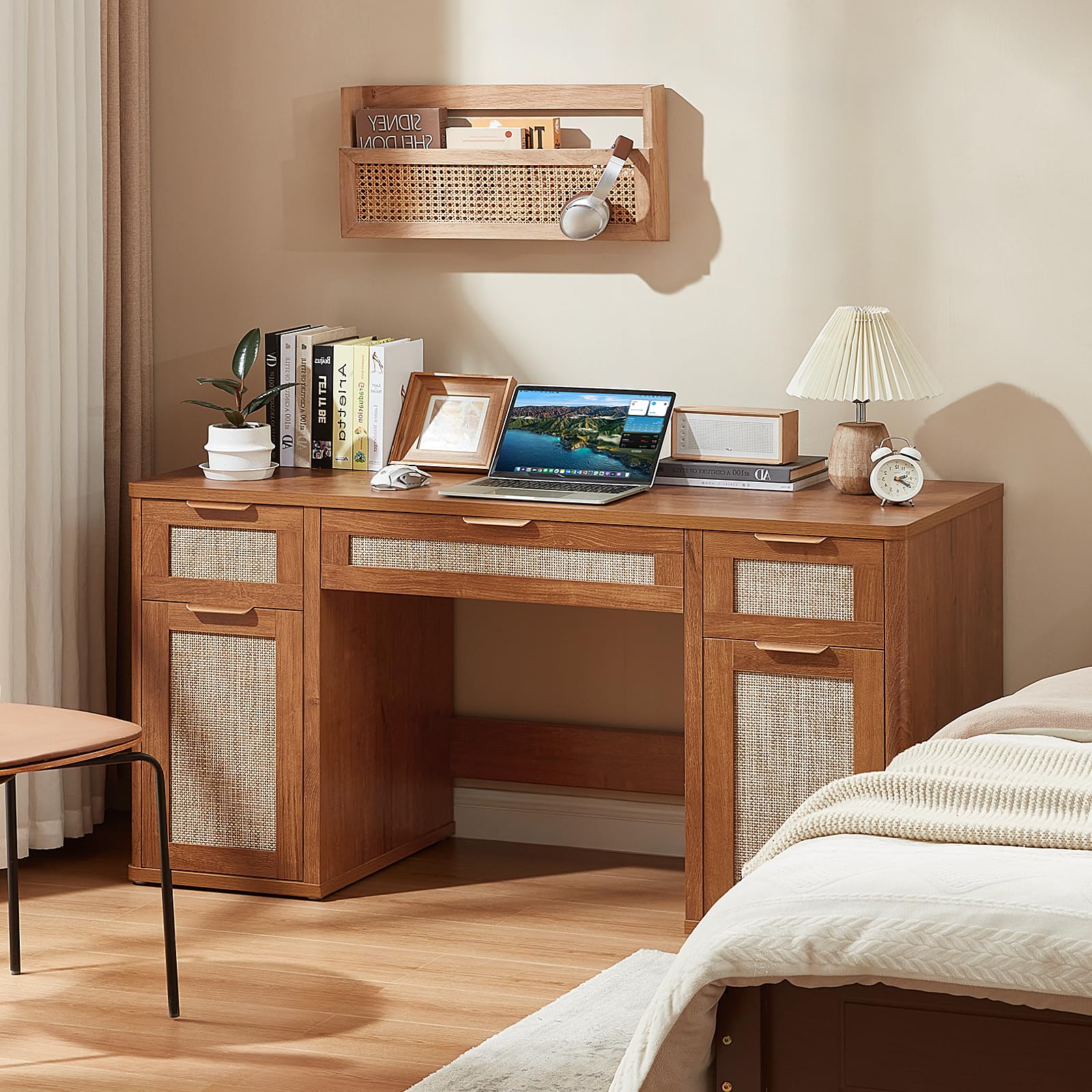 LEYAOYAO Office Desk 56" with 5 Drawers Storage File Cabinet, Natural