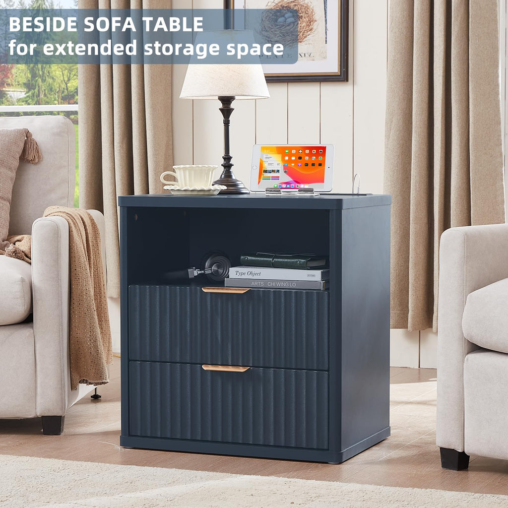 Lerliuo Fluted Nightstand with Charging Station, 23" Wide 2 Drawers End Table, Blue Night Stand with Open Storage Cabinet, Farmhouse Bed Side Tables, Wood Dresser for Bedroom