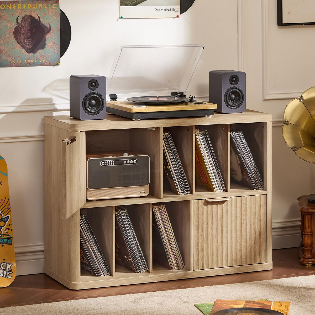 LEYAOYAO Large Record Player Stand with Vinyl Storage Up to 450 Albums, Wood Fluted Record Storage Accent Cabinet, Modern Stereo Media Cabinets, Wide Turntable Stand for Living Room, Antique White