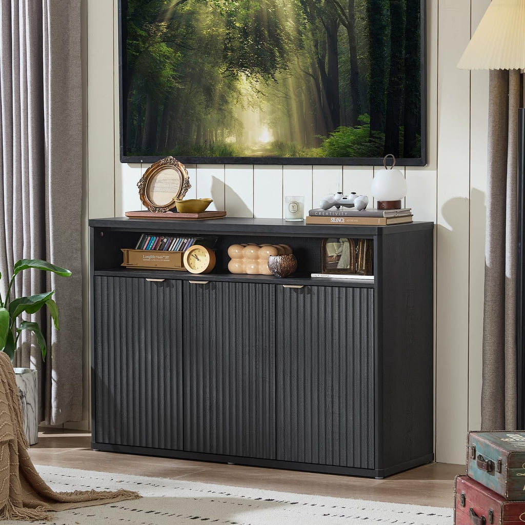 LEYAOYAO 45-Inch Fluted Buffet Cabinet with 3 Doors,Dark Blue