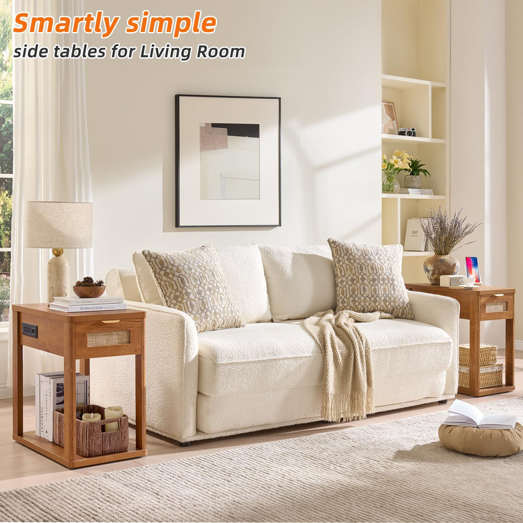 LEYAOYAO Narrow Side Table with Charging Station, Rattan 24 x 14''