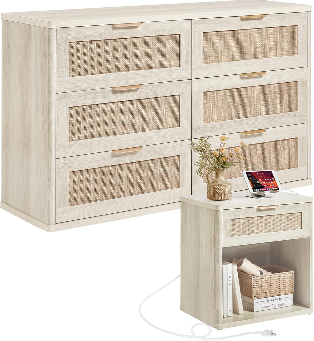 LEYAOYAO Rattan Dresser and Nightstand Set of 2, Boho Wood Dresser for Bedroom with 6 Drawers and Night Stand with Charging Station, Bedroom Furniture, Dressers & Chests of Drawers,Living Room,Hallway