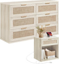 LEYAOYAO Rattan Dresser and Nightstand Set of 2, Boho Wood Dresser for Bedroom with 6 Drawers and Night Stand with Charging Station, Bedroom Furniture, Dressers & Chests of Drawers,Living Room,Hallway