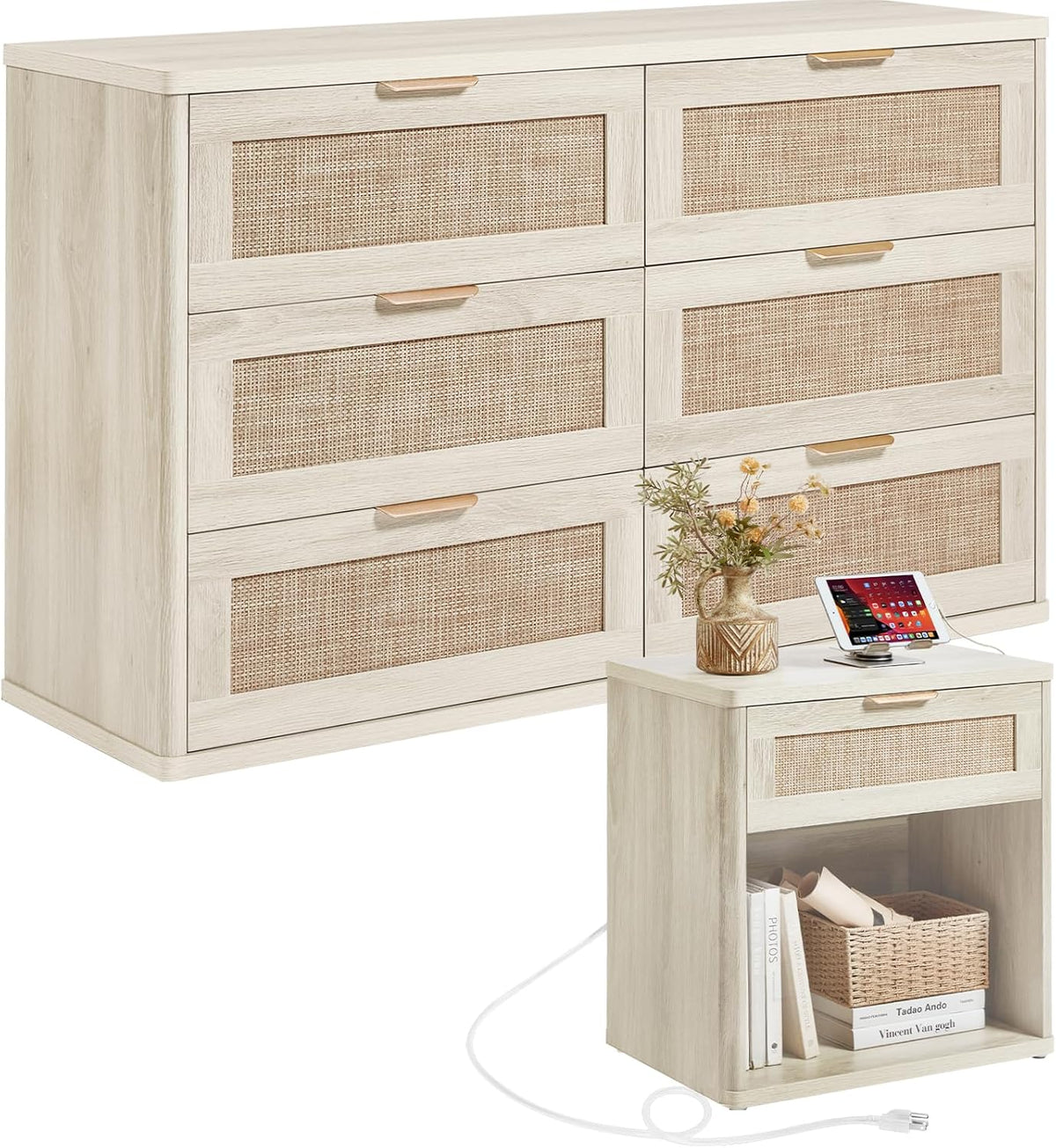 LEYAOYAO Rattan Dresser and Nightstand Set of 2, Boho Wood Dresser for Bedroom with 6 Drawers and Night Stand with Charging Station, Bedroom Furniture, Dressers & Chests of Drawers,Living Room,Hallway
