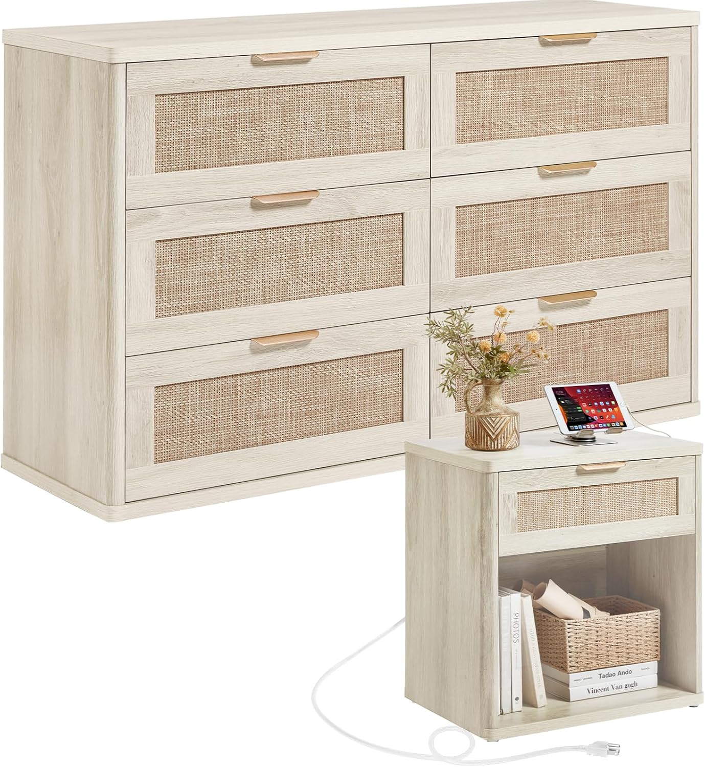 LEYAOYAO Rattan Dresser and Nightstand Set of 2, Boho Wood Dresser for Bedroom with 6 Drawers and Night Stand with Charging Station, Bedroom Furniture, Dressers & Chests of Drawers,Living Room,Hallway