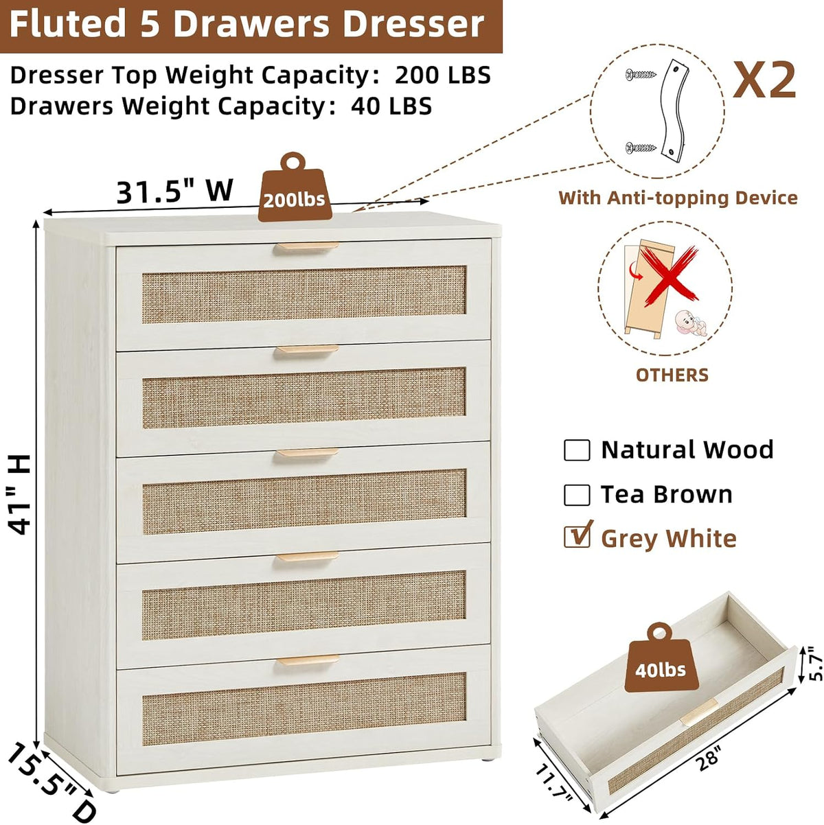 LEYAOYAO Rattan 23" Nightstands with Charger Station 2 Drawers