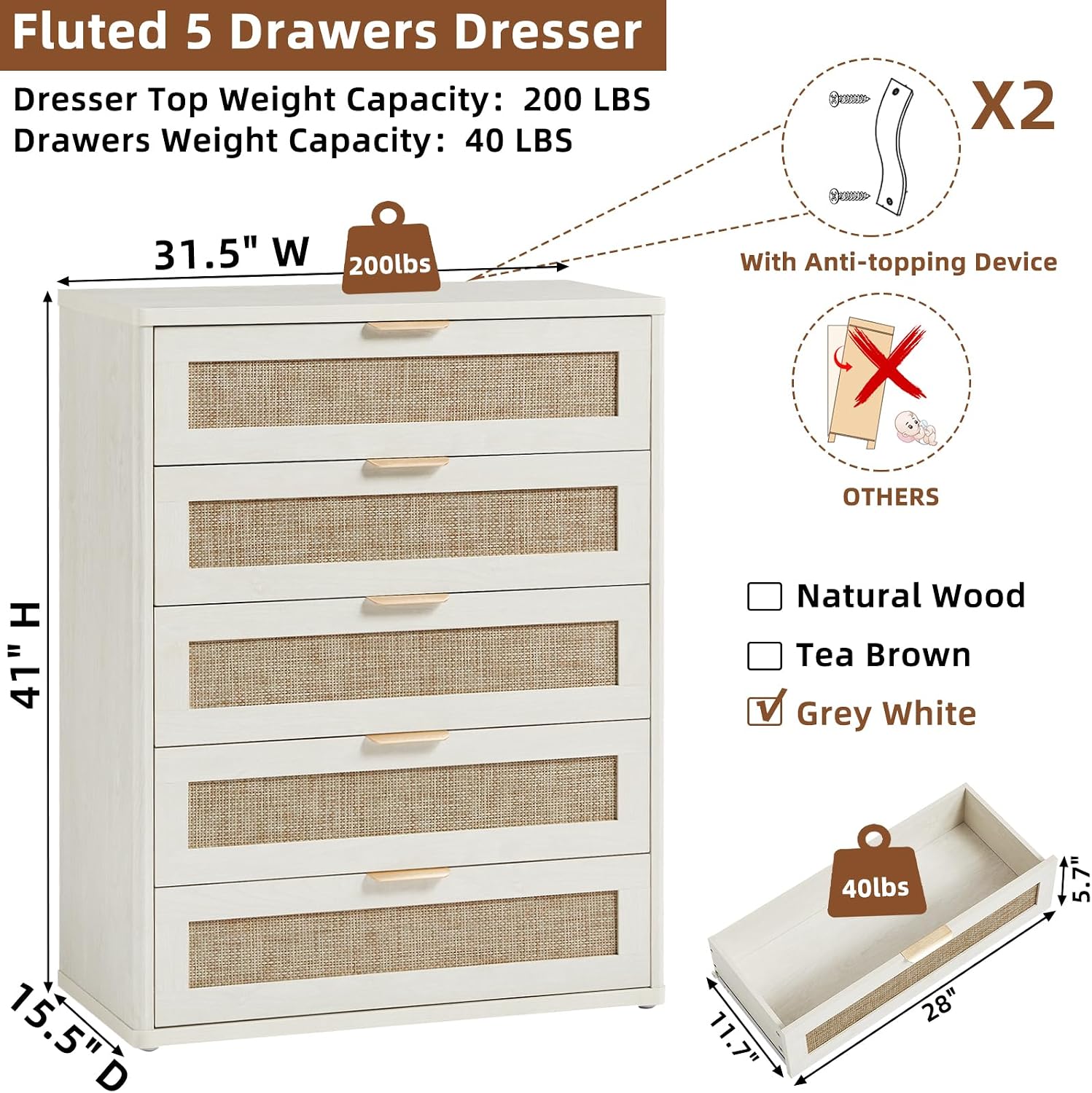 LEYAOYAO Rattan 23" Nightstands with Charger Station 2 Drawers