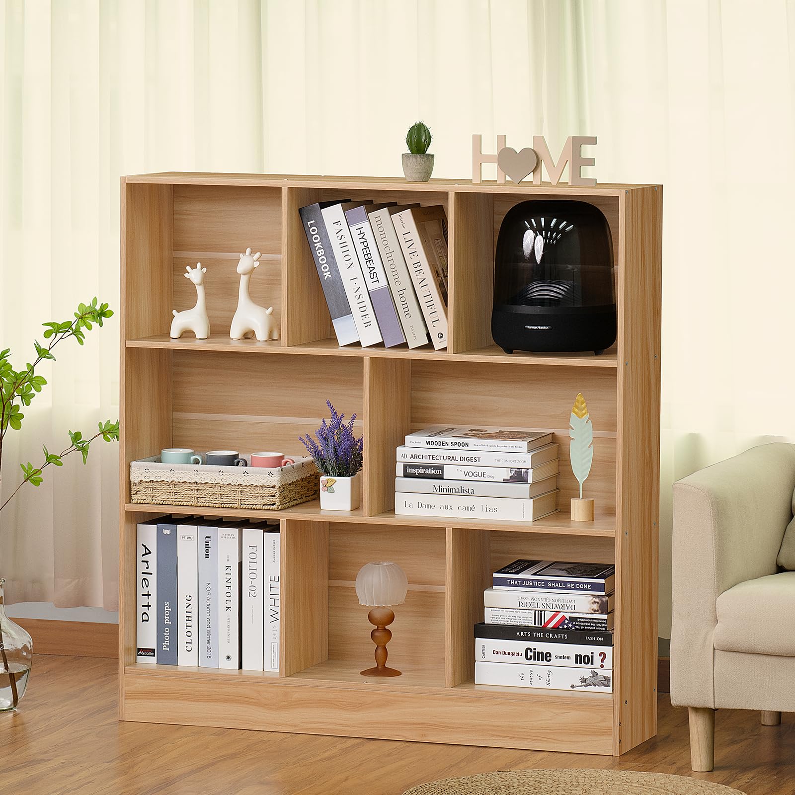 LEYAOYAO 7 Cube Bookshelf with Base,3 Tier Mid-Century Modern Blue Bookcase,Standing Wide Bookshelves Storage Organizer Shelf,Rustic Wood Display Cabinet Book Shelves for Bedroom,Living Room,Office