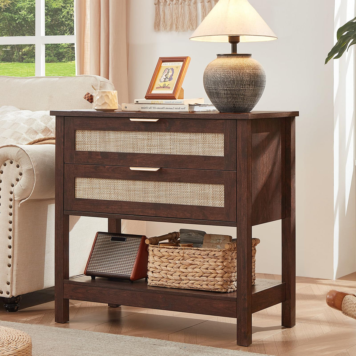 Lerliuo 31.5" Wide Rattan Nightstand,Oversized Large Boho Night Stand with 2 Drawers, 30" Tall Grey White Bedside Table with Storage Shelf, Bed Side End Tables for Bedroom, Living Room, Hallway