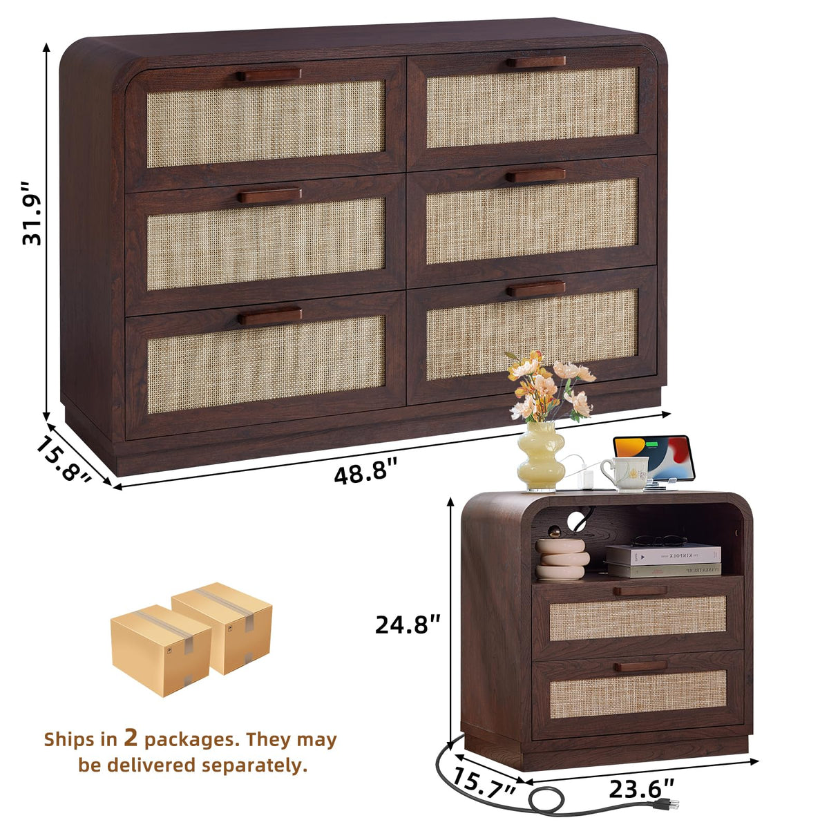 LEYAOYAO Curved Boho Dresser & Nightstand Set of 3, Natural Wood