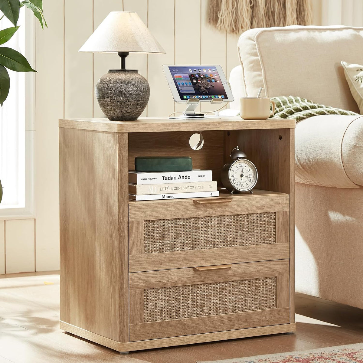 LEYAOYAO Rattan 23" Nightstands with Charger Station 2 Drawers