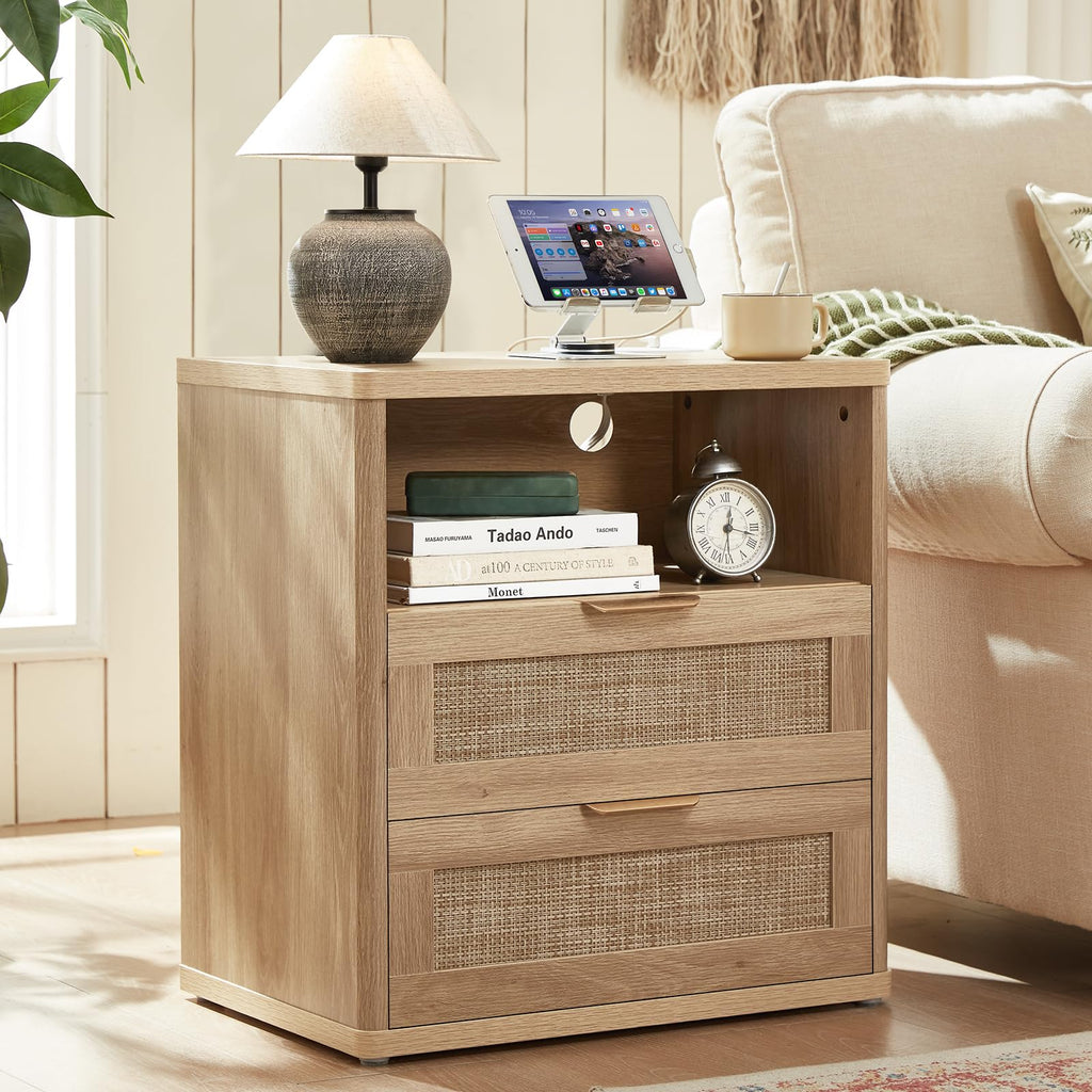 LEYAOYAO Rattan Nightstands Set of 2 with Charging Station, Boho Night Stand Dresser for Bedroom with Drawer, Grey White Bedside Table Open Storage Cabinet, Bed Side End Table, Living Room, Hallway