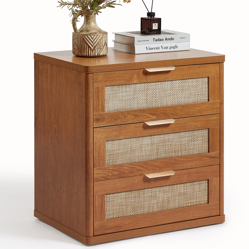 LEYAOYAO Rattan Nightstands Set of 2 with Charging Station, Boho Night Stand Dresser for Bedroom with Drawer, Grey White Bedside Table Open Storage Cabinet, Bed Side End Table, Living Room, Hallway