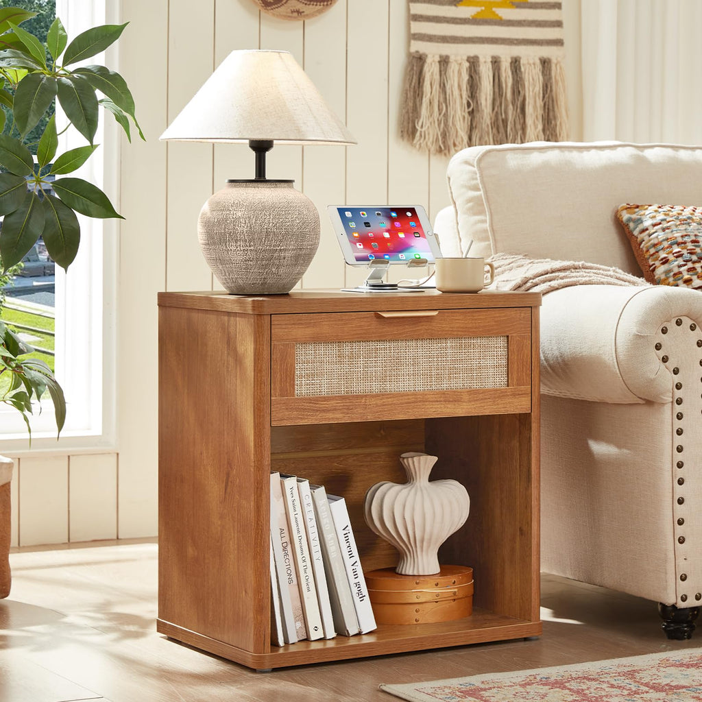 LEYAOYAO Rattan Nightstands Set of 2 with Charging Station, Boho Night Stand Dresser for Bedroom with Drawer, Grey White Bedside Table Open Storage Cabinet, Bed Side End Table, Living Room, Hallway
