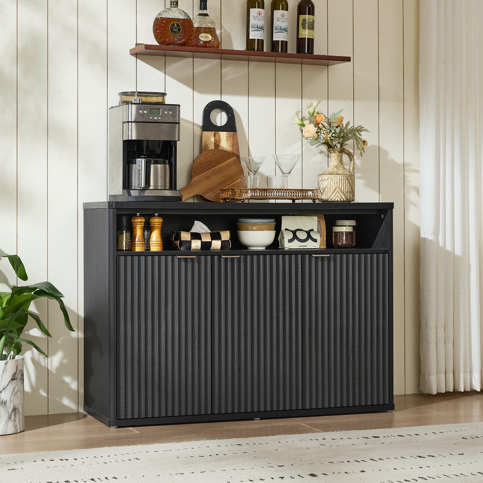 LEYAOYAO 45-Inch Fluted Buffet Cabinet with 3 Doors,Dark Blue