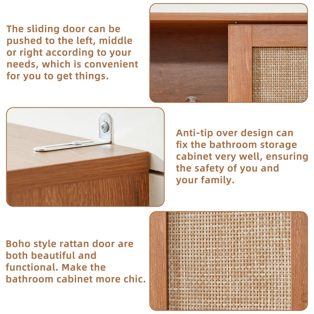 Lerliuo Rattan Bathroom Wall Cabinet, Boho Natural Medicine Cabinet with Adjustable Wood Shelf, 2 Doors Over The Toilet Storage Cabinets for Laundry Room, Kitchen, Living Room
