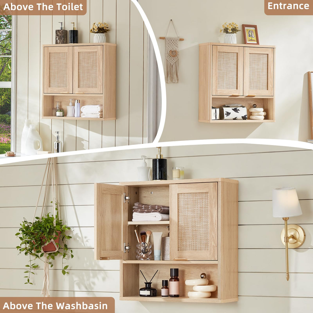 LEYAOYAO 68" Boho Over the Toilet Storage Cabinet with Rattan Sliding Door