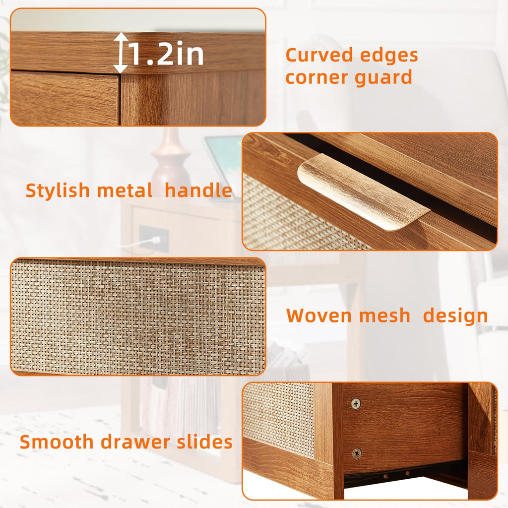 LEYAOYAO Narrow Side Table with Charging Station, Rattan 24 x 14''