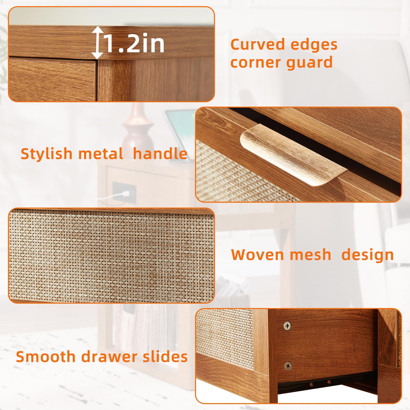 LEYAOYAO Narrow Side Table with Charging Station, Rattan 24 x 14''