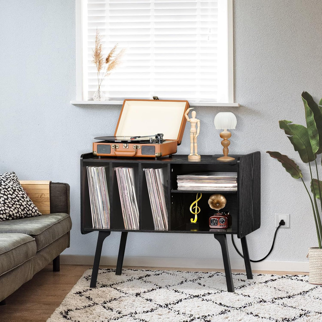 Lerliuo Record Player Stand with Charging Station Up to 220 Albums,Black