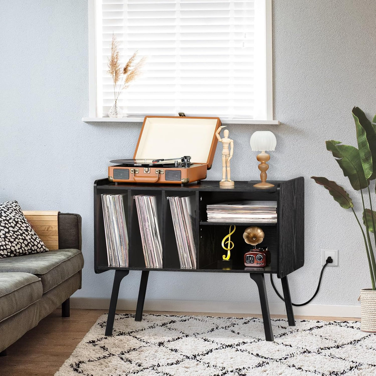 Lerliuo Record Player Stand with Charging Station Up to 220 Albums,Black