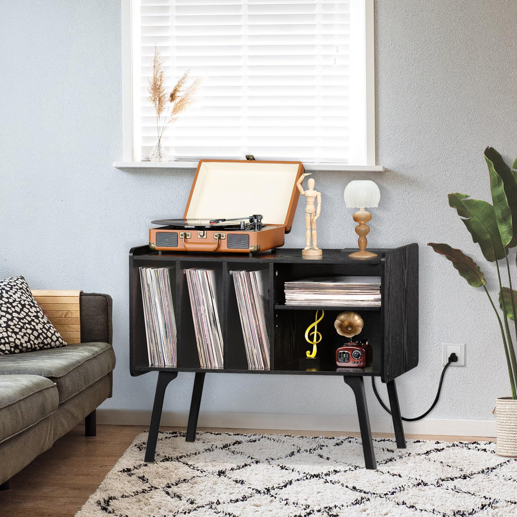 Lerliuo Record Player Stand with Charging Station Up to 220 Albums,Black