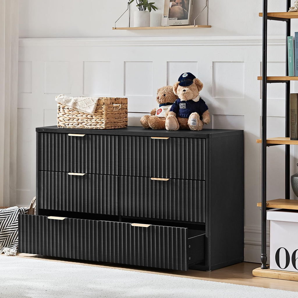 LEYAOYAO Fluted Dressers & Nightstand Set of 4, Wood 48" Wide Dresser & 42" Tall Chest of Drawers,Modern Bedroom Furniture Sets, Black Wooden Nightstand Set of 2 with 2 Drawers & Charging Station