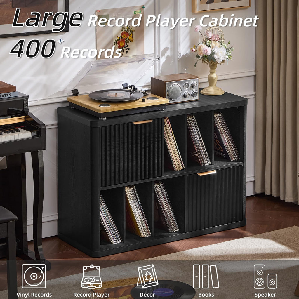 LEYAOYAO Large Record Player Stand with Vinyl Storage Up to 450 Albums, Wood Fluted Record Storage Accent Cabinet, Modern Stereo Media Cabinets, Wide Turntable Stand for Living Room, Antique White