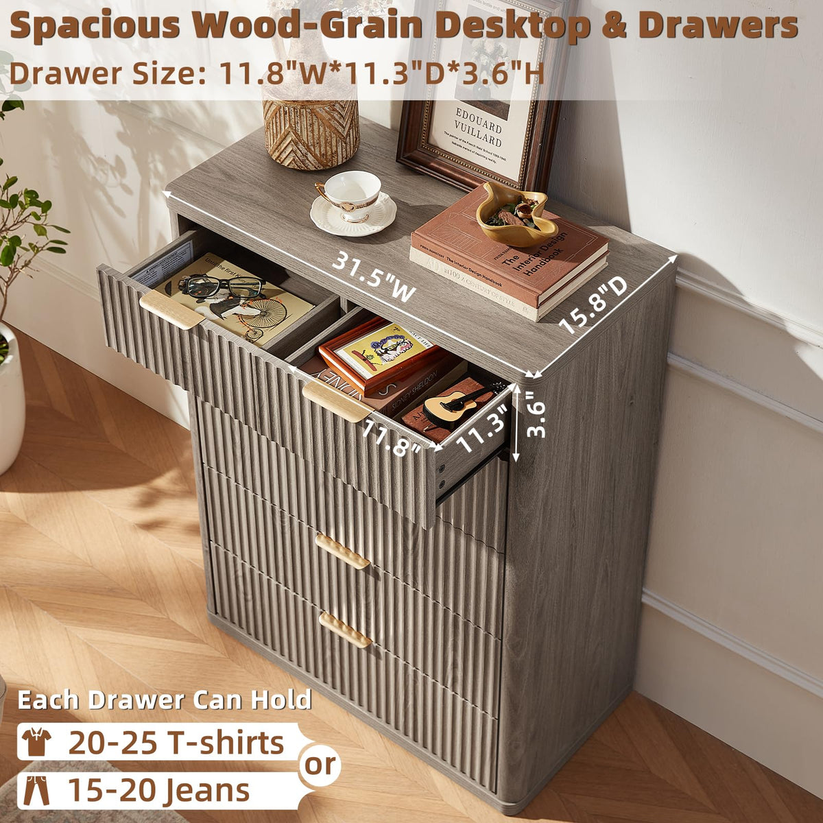 LEYAOYAO Fluted Dressers & Nightstand Set of 4, Wood 48" Wide Dresser & 42" Tall Chest of Drawers,Modern Bedroom Furniture Sets, Black Wooden Nightstand Set of 2 with 2 Drawers & Charging Station