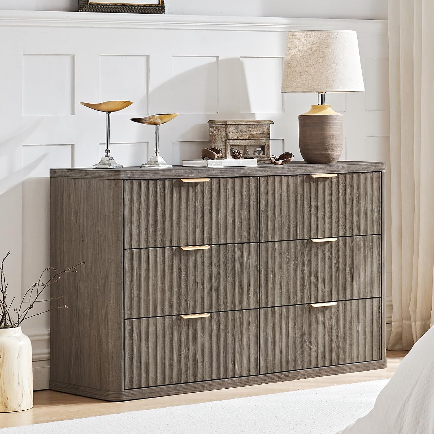 LEYAOYAO 23" Wide Fluted Night Stand with Charging Station, 2 Drawers Large End Table with Storage, LightGrey Nightstand Wood Bedside Tables, Farmhouse Cabinet Dresser for Bedroom, Closet