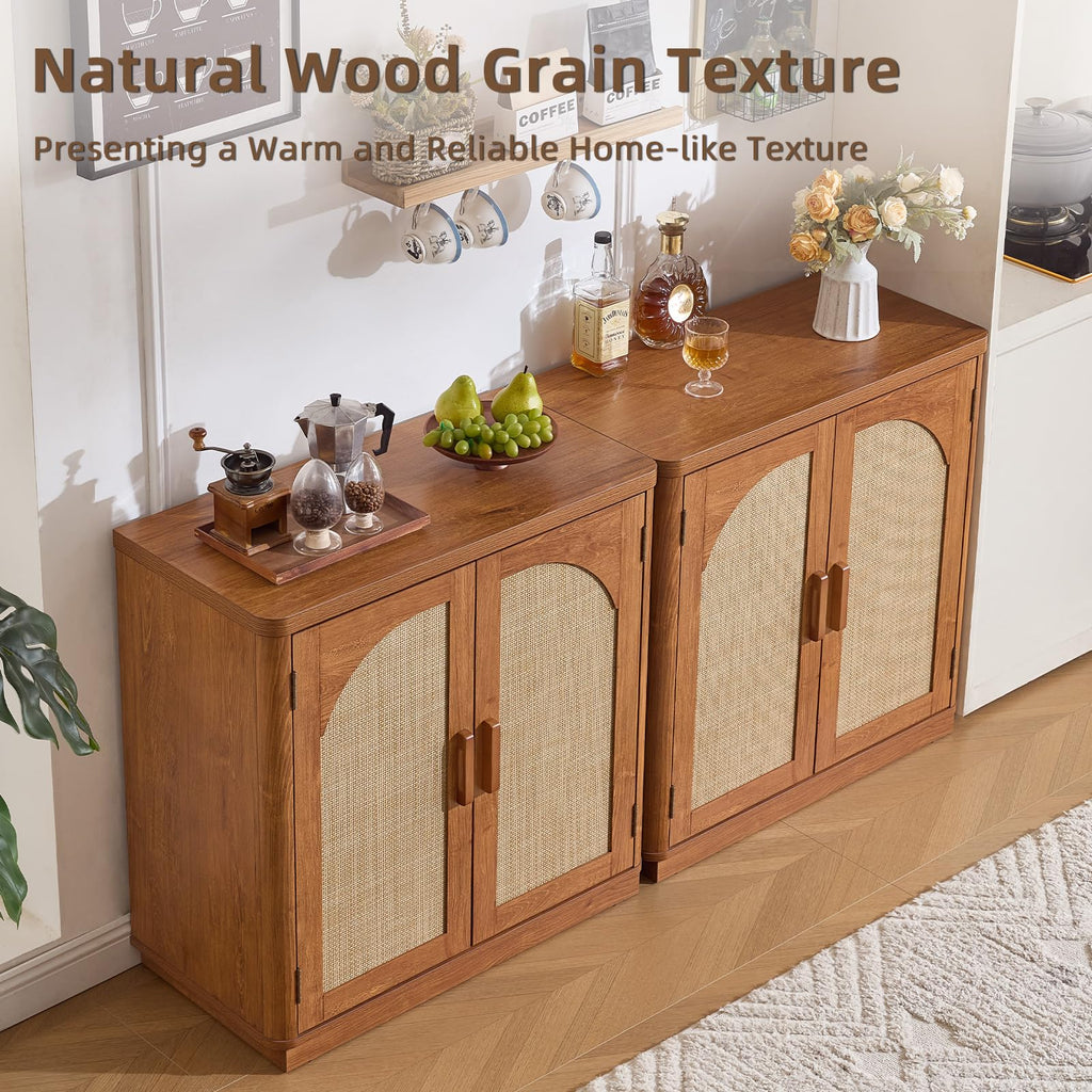 LEYAOYAO Rattan Sideboard Buffet Cabinet with Storage, 31.5" Coffee Bar Cabinet with Arch Doors & Adjustable Shelves, Wood Credenza, Boho Accent Cabinet for Kitchen, Living Room, Natural
