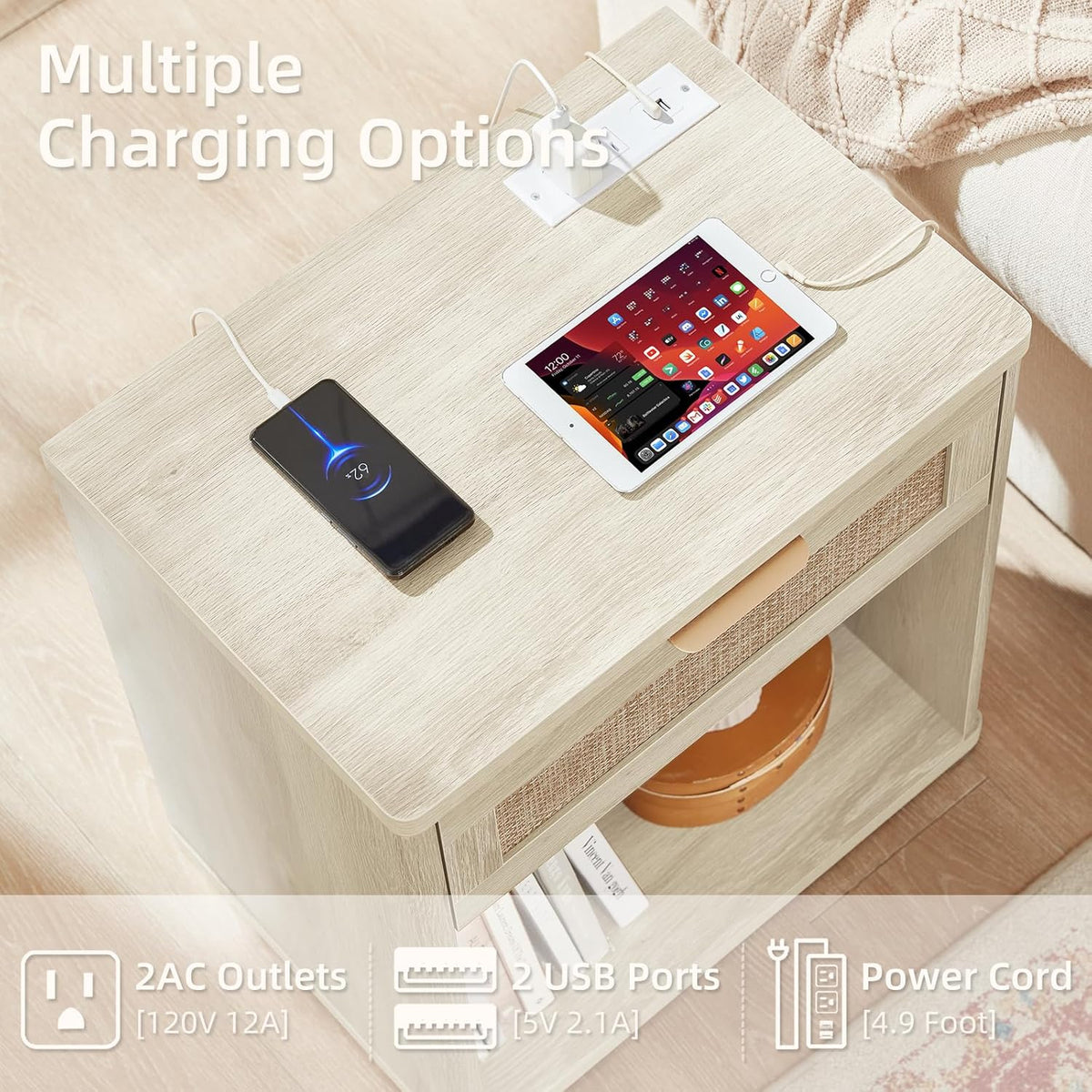 LEYAOYAO Rattan Dresser and Nightstand Sets 4 Piece, Grey White