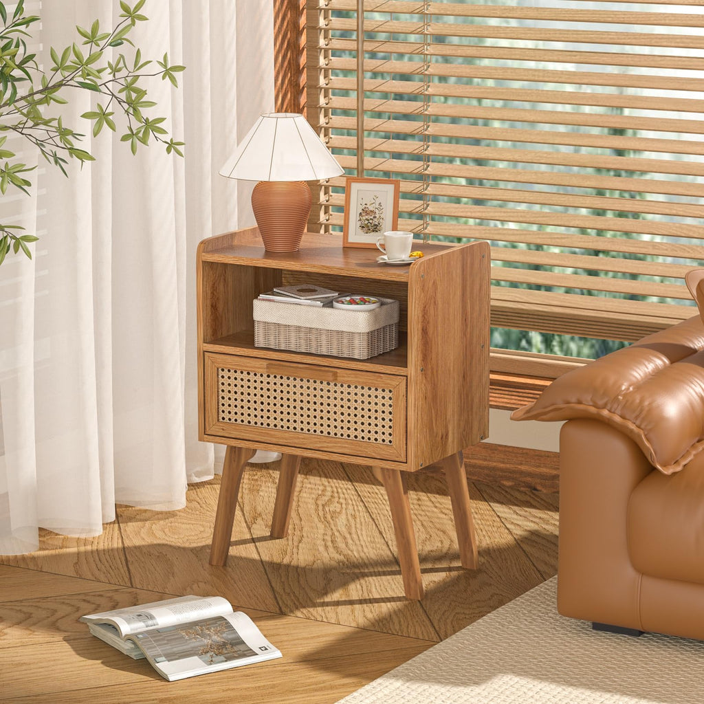 Lerliuo Rattan Nightstand, Boho Side Table with Drawer Open Shelf