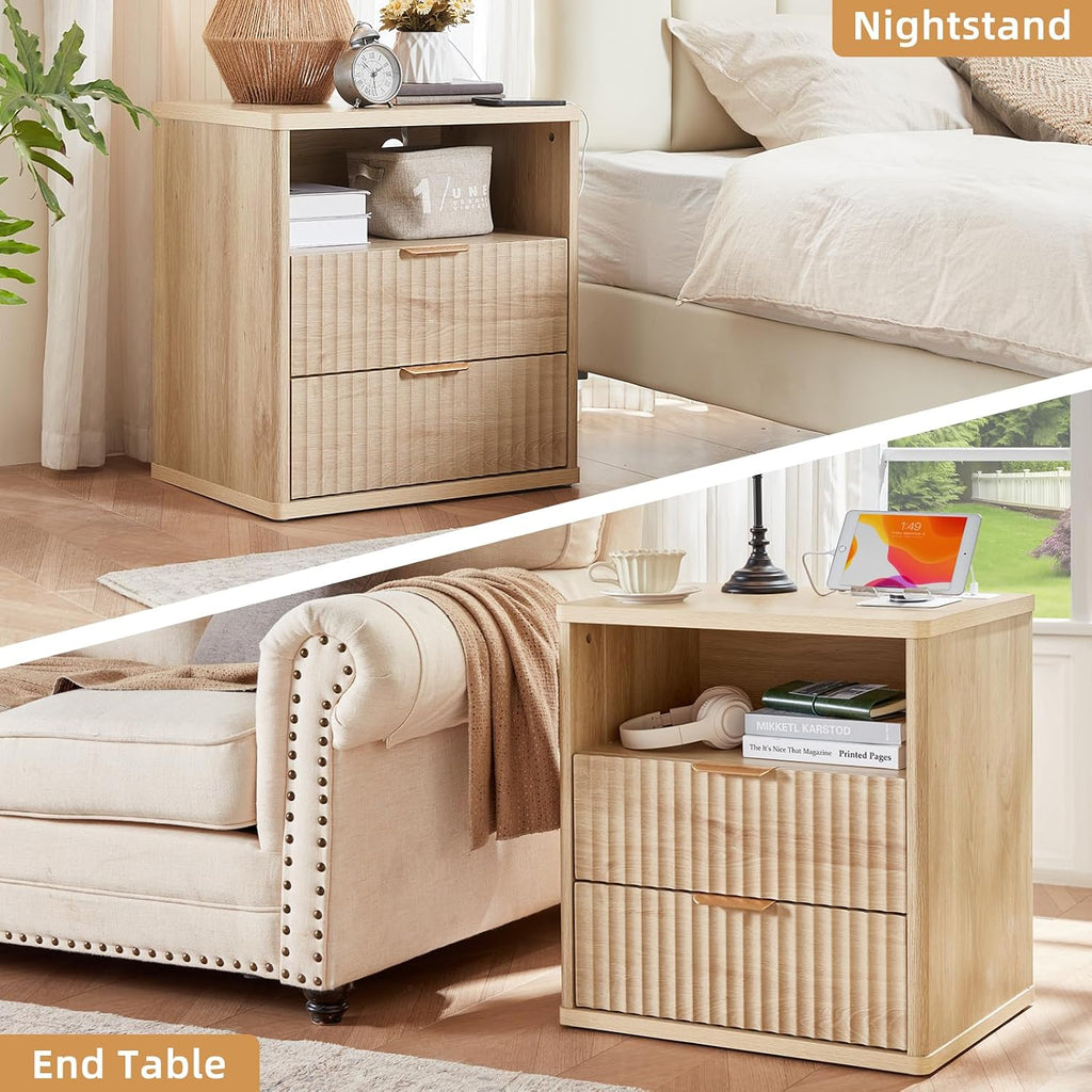 LEYAOYAO 23" Wide Fluted Night Stand with Charging Station, 3 Drawers Large End Table with Storage, Natural Nightstand Wood Bedside Tables, Farmhouse Cabinet Dresser for Bedroom, Closet
