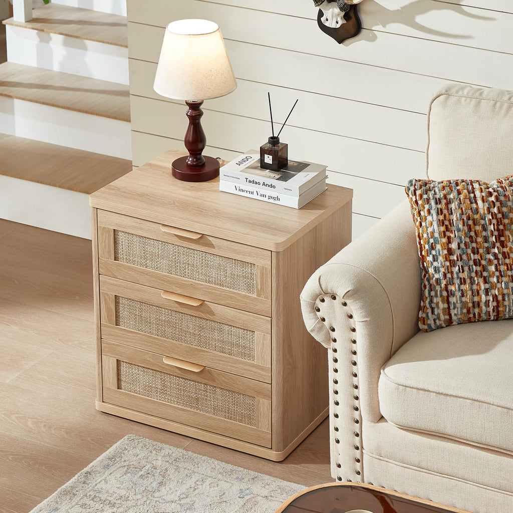 LEYAOYAO Rattan Nightstand Set of 2 with Charging Station, 1 & 2 Drawers Boho Night Stand Dresser for Bedroom, Natural Wood Bedside Table Open Storage Cabinet, Bed Side End Tables, Living Room,Hallway