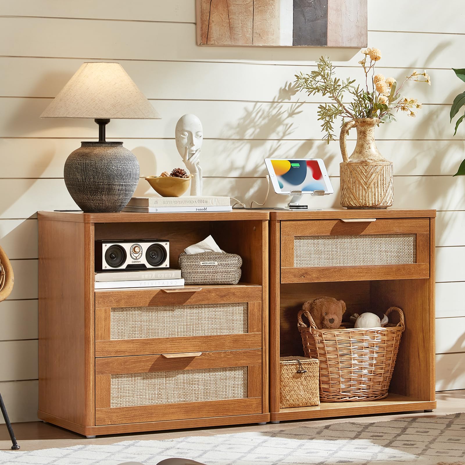 LEYAOYAO Rattan Nightstand Set of 2 with Charging Station, 1 & 2 Drawers Boho Night Stand Dresser for Bedroom, Natural Wood Bedside Table Open Storage Cabinet, Bed Side End Tables, Living Room,Hallway