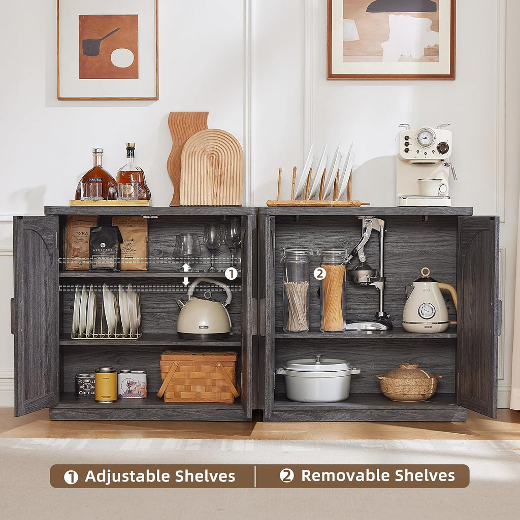 LEYAOYAO Fluted Buffet Cabinet with Storage, 94.5" Coffee Bar Cabinet with 6 Arch Doors & Adjustable Shelves, Mid Century Modern Sideboard, Wood Credenza for Living Room, Kitchen, Darkgrey