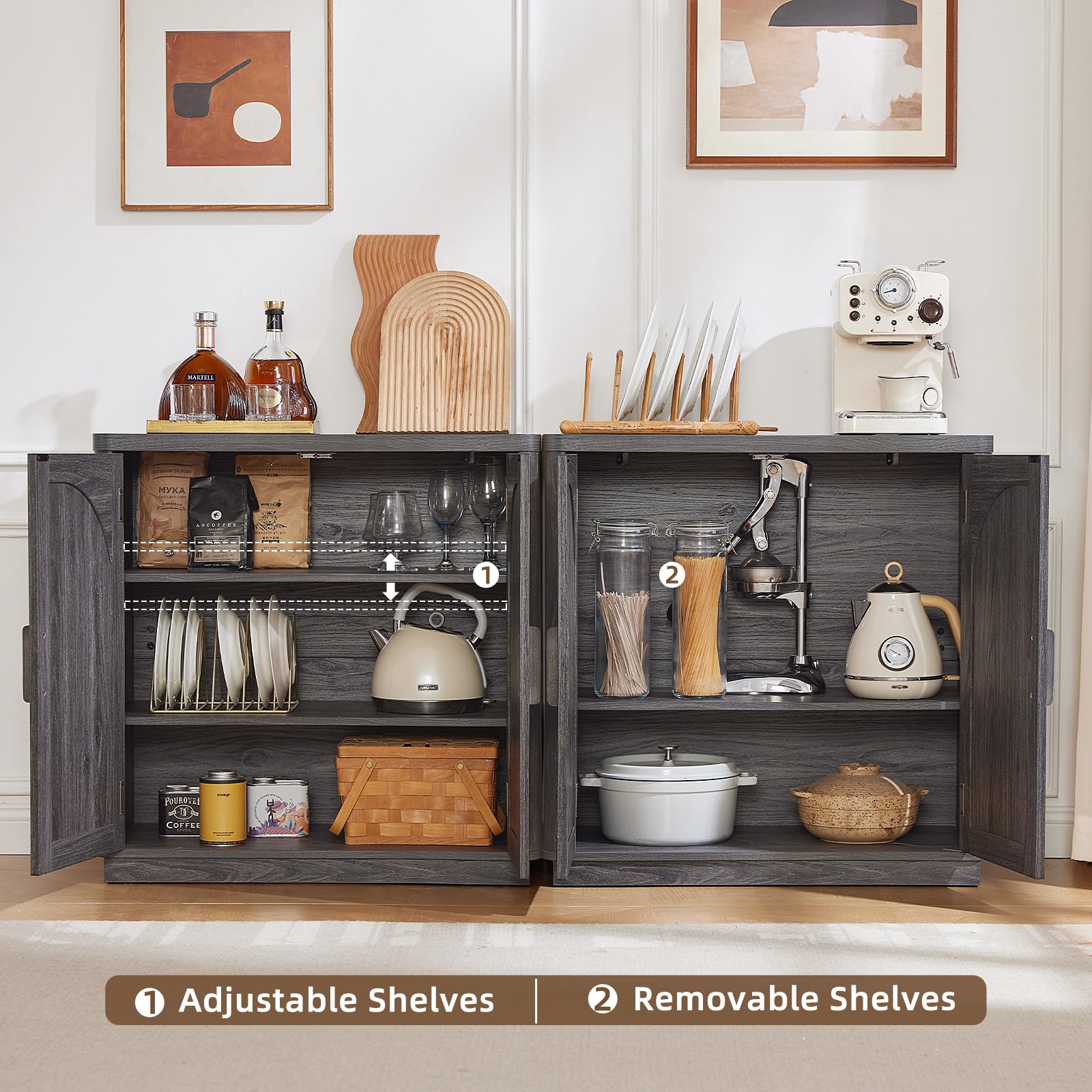 LEYAOYAO Fluted Buffet Cabinet with Storage, 31.5" Coffee Bar Cabinet with Arch Doors & Adjustable Shelves, Mid Century Modern Sideboard, Wood Credenza for Kitchen, Living Room, Natural