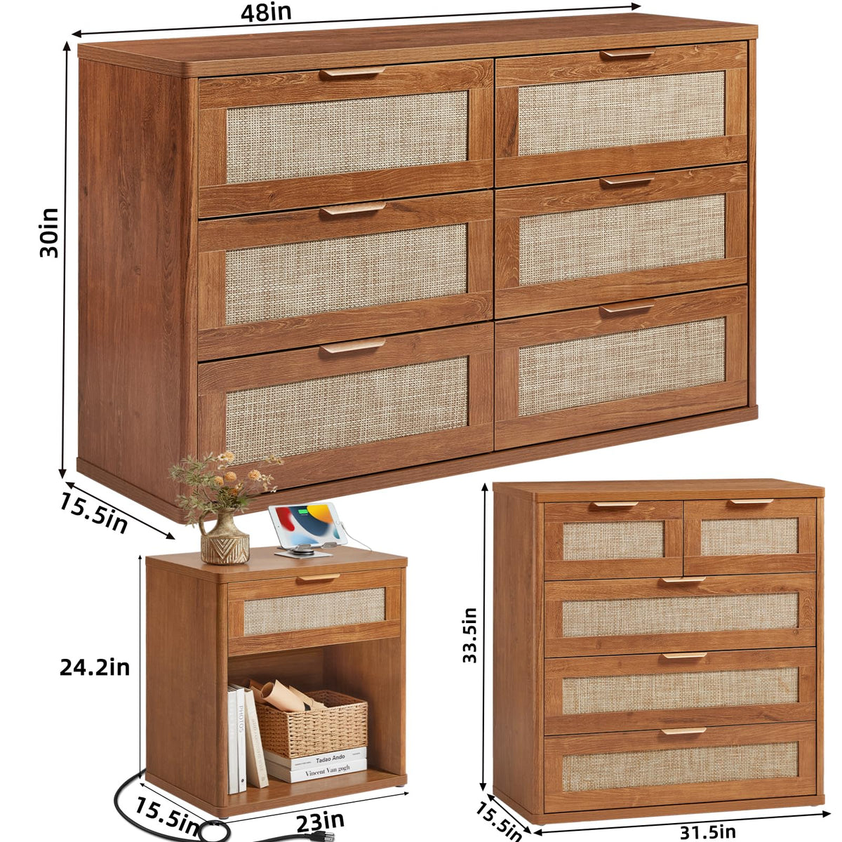 LEYAOYAO Rattan Dresser and Nightstand Sets 4 Piece, Boho Wood Dresser for Bedroom with 6 Drawers and Night Stand with Charging Station, Bedroom Furniture, Dressers & Chests of Drawers, Hallway