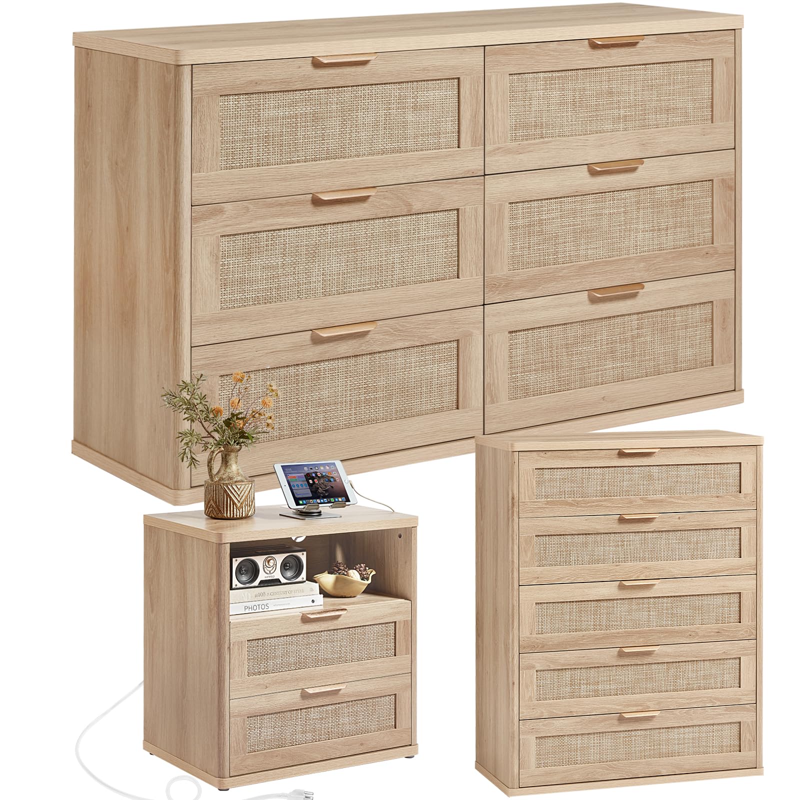 LEYAOYAO Rattan Dresser and Nightstand Set of 3, Boho Wood Dresser for Bedroom with 6 Drawers and Night Stand with Charging Station, Bedroom Furniture, Dressers & Chests of Drawers,Hallway,Living Room