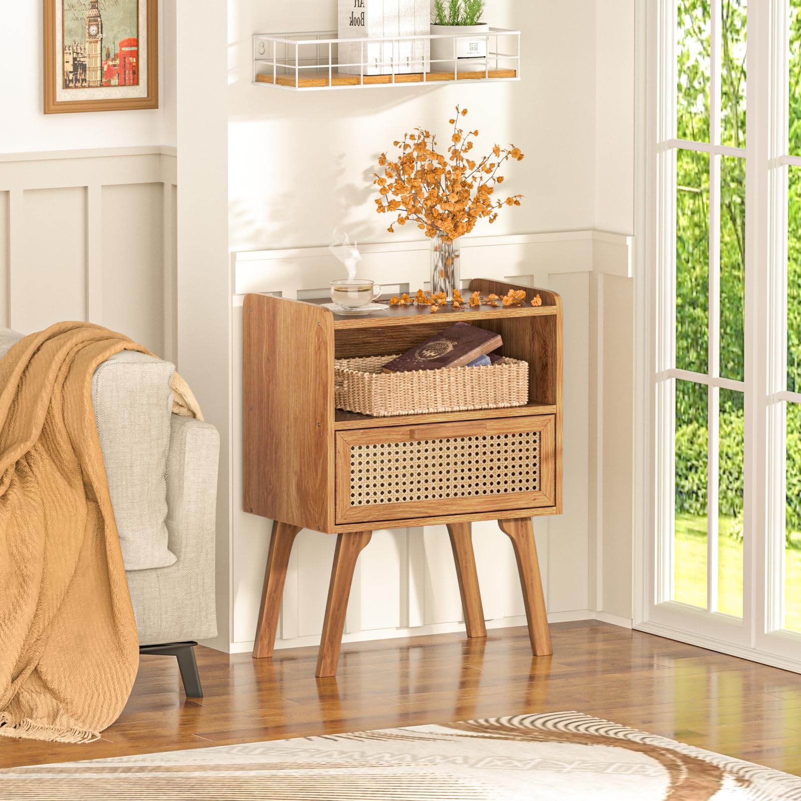 Lerliuo Rattan Nightstand, Boho Side Table with Drawer Open Shelf