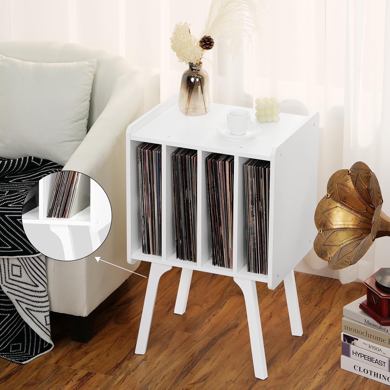 Lerliuo Record Player Stand with Storage Holds Up to 80 Albums, Turntable Stand with Beech Wood Legs, Mid-Century Record Player Table,Black Vinyl Holder Display Shelf for Bedroom Living Room