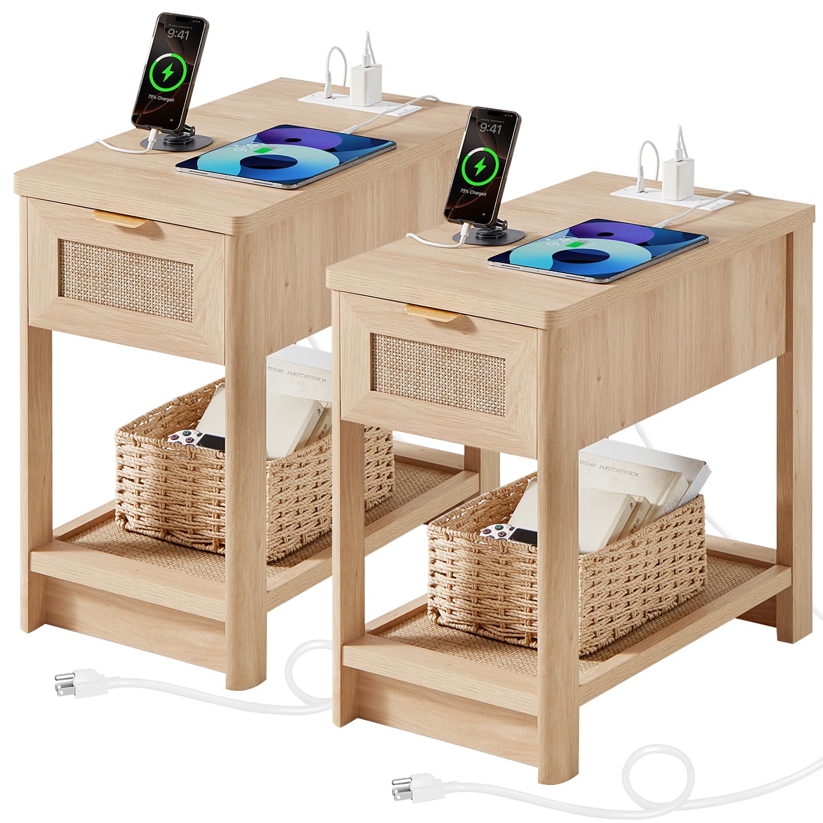 Lerliuo 24 x 14'' Narrow Night Stand Set 2 with Charger USB Ports