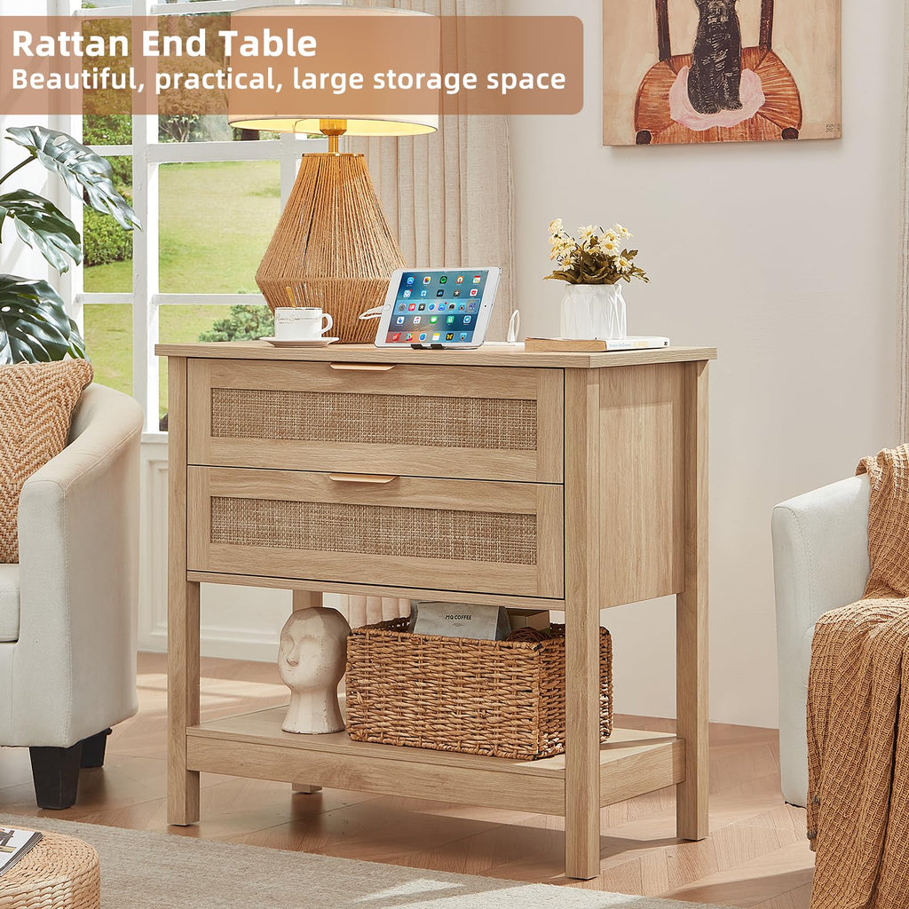 Lerliuo 31.5" Wide Rattan Nightstand,Oversized Large Boho Night Stand with 2 Drawers, 30" Tall Grey White Bedside Table with Storage Shelf, Bed Side End Tables for Bedroom, Living Room, Hallway