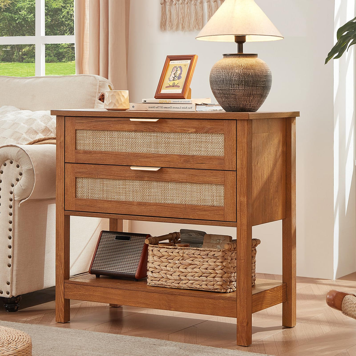 Lerliuo 31.5" Wide Rattan Nightstand,Oversized Large Boho Night Stand with 2 Drawers, 30" Tall Grey White Bedside Table with Storage Shelf, Bed Side End Tables for Bedroom, Living Room, Hallway