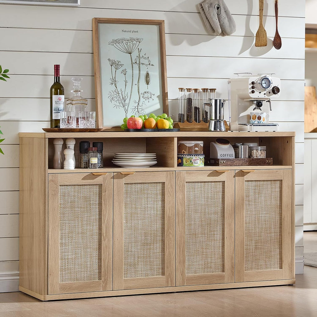 LEYAOYAO Rattan Sideboard Buffet Cabinet,55" Coffee Bar Cabinet with 4 Doors & Open Storage Shelf,Modern Credenza Console Table for Living Room Rattan Farmhouse entryway Natural